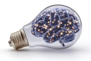 A light bulb with a brain inside symbolizes creativity and intelligence. The brain features glowing connections that represent thoughts and ideas. photo