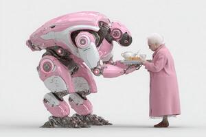 A large robotic figure in pink offers a tea service to an elderly woman dressed in a matching pink coat. The interaction showcases a blend of technology and companionship in a cozy atmosphere. photo