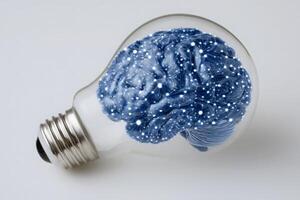 A light bulb filled with a blue brain highlights the concept of creativity and intelligence. photo