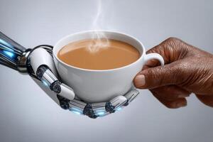 A robotic hand and a human hand are exchanging a steaming cup of coffee. The scene captures the blend of technology and humanity, showcasing connection in a contemporary environment. photo