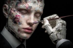 A humanoid figure with a textured, painted face is carefully being painted by a gloved hand holding a brush. The dark background enhances the intricate details of the figure and the artwork. photo