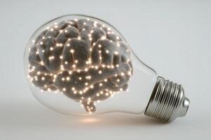 A unique light bulb is designed to resemble a human brain, featuring glowing connections throughout. This creative concept symbolizes intelligence and innovation in a modern setting. photo