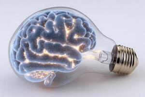 A creative visual merges a human brain inside a lightbulb, symbolizing the fusion of intelligence and innovative ideas. The glowing elements add a futuristic ambiance to the concept. photo