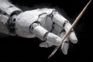 A robotic hand delicately holds a paintbrush, poised to create art. The striking contrast between the sleek mechanical design and the artistic tool emphasizes the fusion of creativity and technology. photo