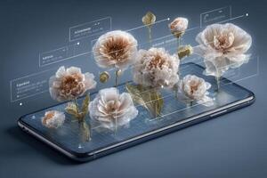 A smartphone screen displays various digital flowers in augmented reality. Each flower appears to float above the screen, with detailed information about their species and characteristics presented. photo