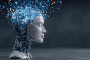 A robotic head showcases intricate technology with shining particles emanating from it. The dark background enhances the luminous effect, emphasizing themes of artificial intelligence and innovation. photo