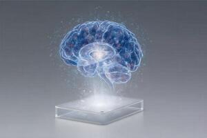 A digital rendering shows a luminous, stylized human brain hovering above a clear pedestal. The brain emits a mystical glow, surrounded by particles in a contemporary, minimalistic environment. photo
