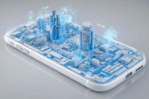 A smartphone showcases a futuristic city model with 3D buildings and blue holographic elements. The detailed design emphasizes technologys impact on urban environments and innovation. photo