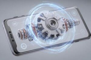 A smartphone showcases a detailed 3D animation of a mechanical gear system rotating smoothly. The visual emphasizes technology and innovation, blending virtual elements with device functionality. photo