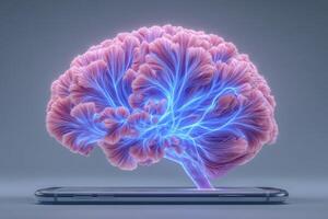 A vibrant brain appears to grow from a smartphone, showcasing a blend of organic and digital elements. photo