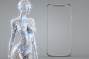 A humanoid robot with a transparent body and glowing circuitry stands next to a slim smartphone. The design emphasizes technology and artificial intelligence in a minimalistic environment. photo
