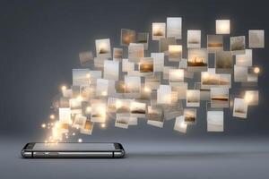 A smartphone rests on a surface, with a stream of glowing images emerging from it. photo