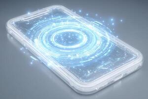 A sleek smartphone displays a luminous holographic interface featuring intricate circular patterns and glowing particles, set against a smooth, reflective surface. photo