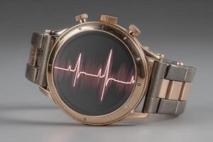 A stylish watch features a digital display showcasing a heartbeat monitor. The sleek design blends metal and a vibrant heartbeat graphic, emphasizing health and technology in one accessory. photo