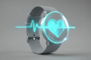 A sleek smartwatch features a glowing heart symbol and heartbeat line on its display. The design emphasizes health tracking and modern technology, with a light gray band enhancing its modern appeal. photo