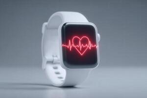 Smartwatch with a white strap features a striking heart rate display. A red heartbeat graphic captures attention against a neutral background, emphasizing health technology in daily life. photo
