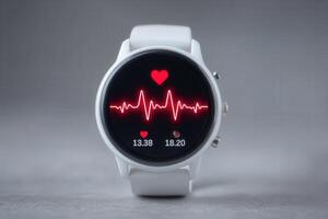 A modern smartwatch with a white band features a heart rate monitor on its display. The vibrant, red heartbeat line and heart icon showcase health metrics clearly and stylishly. photo