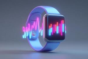 A modern smartwatch showcases a dynamic screen with colorful sound wave visuals. The device is designed for fitness tracking and health monitoring, highlighting its technological features. photo