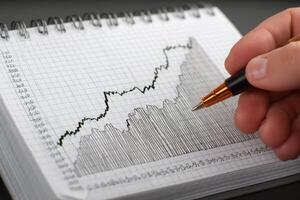 A hand grips a pen while analyzing a detailed graph in a notepad. The chart shows fluctuating data trends over time, capturing moments of growth and decline. photo