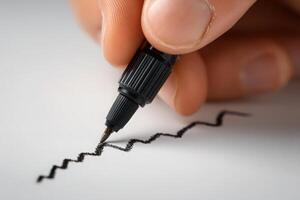 A hand holds a black pen, drawing zigzag lines on a blank sheet of white paper. The focus is on the pen as it makes intricate patterns, highlighting creativity and concentration. photo