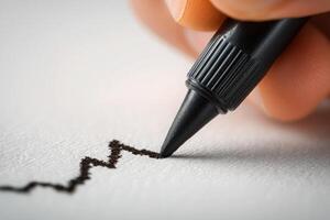 A hand with a black pen draws a zigzag line on a clean piece of white paper. The close-up reveals the intricate details of the ink as it flows, creating a dynamic design. photo