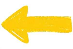 A bright yellow arrow points left against a plain white background, providing a clear visual cue for directional guidance, suitable for signage or artistic design. photo