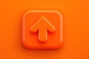 A glossy, bright orange button featuring a white upward arrow icon sits on a flat surface, symbolizing the upload function in digital interfaces. The design is modern and minimalist. photo