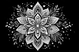 A detailed floral mandala showcases a unique arrangement of leaves and shapes in black and white. The intricate patterns create a captivating visual experience, enhancing the artistic appeal. photo