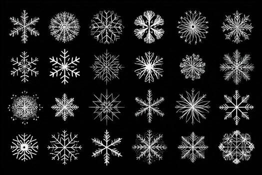 Intricate snowflake patterns are organized in a grid formation on a dark backdrop. Each snowflake showcases unique shapes and details, emphasizing natural beauty and complexity. photo