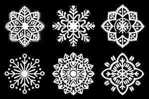 Six unique snowflake designs are arranged on a black background. Each snowflake features intricate patterns with detailed shapes and stylized elements. photo