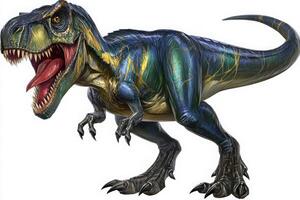 A large dinosaur stands proud, showcasing its vibrant blue and green scales. The creatures mouth is open wide, revealing sharp teeth, while it displays powerful limbs and a long tail. photo