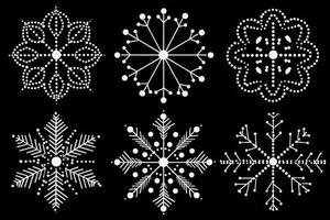 Various snowflake designs showcase detailed patterns and shapes against a black background. Each snowflake features unique elements, emphasizing artistic creativity and winter themes. photo