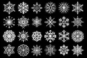 Various unique snowflake shapes are displayed against a dark background, highlighting their intricate patterns and forms. Each snowflake captures the essence of winters delicate artistry. photo