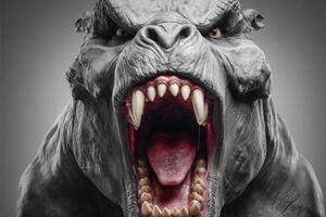 A massive, menacing creature with sharp teeth and fierce eyes demonstrates its power by roaring loudly, showcasing an intimidating presence against a neutral background. photo