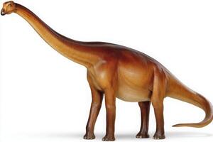 A detailed model of a long-necked dinosaur stands upright with a thick body and an elongated neck. The bronze-brown coloration highlights its impressive size and features. photo