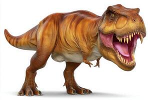 A detailed representation of a Tyrannosaurus rex, showcasing its fierce expression and powerful stance. The dinosaur displays vivid colors, emphasizing its muscular build and sharp teeth. photo