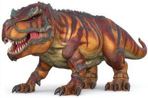A highly detailed dinosaur model stands upright, showcasing vibrant colors and intricate textures. photo