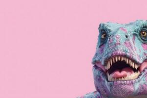 Dinosaur with open mouth showing its tongue and teeth. The dinosaur is light blue with pink spots and brown eyes, against a plain pink background. photo