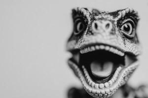 A detailed dinosaur toy with an expressive open mouth is displayed against a light background. The craftsmanship emphasizes the features and textures, making it visually striking. photo