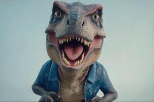 A dinosaur character with sharp teeth and large eyes wears a denim jacket while smiling broadly. The creature is posed against a light background, exuding a playful and amusing personality. photo