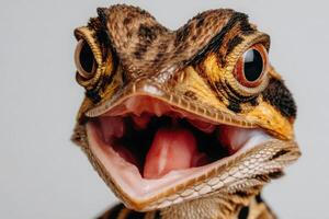 This captivating close-up features a lizard with striking patterns and colors, exhibiting a joyful expression. The unique textures of its skin catch the light beautifully, emphasizing its features. photo
