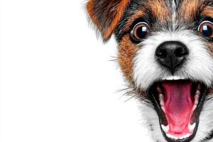 A small, cheerful dog with fluffy fur and bright eyes showcases its excitement by opening its mouth wide, as if barking or smiling. photo