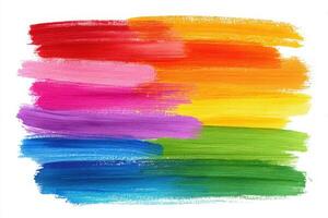 Bright and varied brush strokes blend harmoniously, showcasing shades of red, pink, orange, yellow, green, and blue. This artwork exhibits a dynamic and cheerful atmosphere. photo
