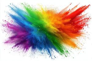 A vibrant array of powdered pigments bursts outward, blending colors from red to purple in a dynamic display. The explosion creates an engaging visual effect, representing creativity and energy. photo