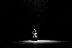 A cellist stands in the center of a dimly lit stage, surrounded by darkness. A single spotlight shines on the musician and the cello, creating a dramatic contrast. photo
