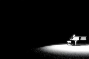 A grand piano and a matching stool sit under a spotlight in an otherwise dark room. The atmosphere suggests a moment of anticipation or reflection during a musical event. photo