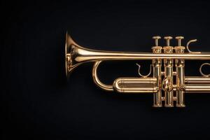 A gleaming golden trumpet is placed horizontally against a black background, emphasizing its smooth curves and valves. The craftsmanship highlights the instruments elegance and design. photo