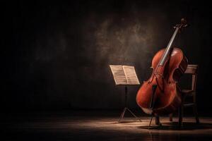 A beautifully crafted wooden cello stands next to a simple chair, with sheet music displayed on a stand. The warm, low light creates a serene and intimate setting for music practice. photo
