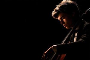 A talented young cellist is deeply focused while playing an instrument in a low-light setting. The soft lighting creates a dramatic atmosphere highlighting the musicians intense expression. photo