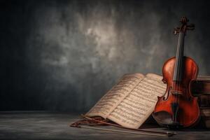 A beautiful wooden violin is placed beside an open music score, with its bow nearby. The backdrop features rich textures that enhance the artistic atmosphere, perfect for music lovers. photo